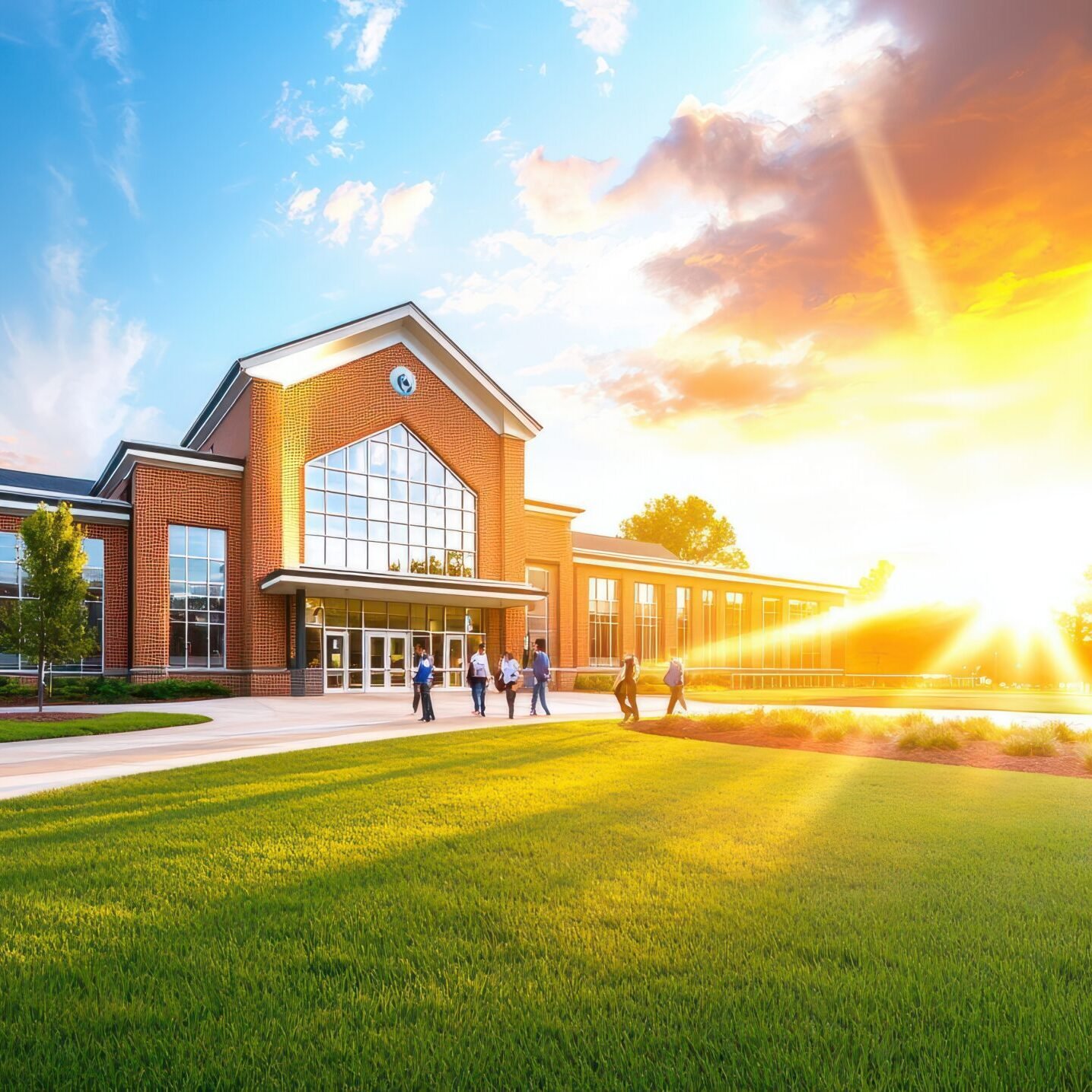 A traditional brick school building with a large front lawn, students walking toward the entrance, ready for a day of learning.