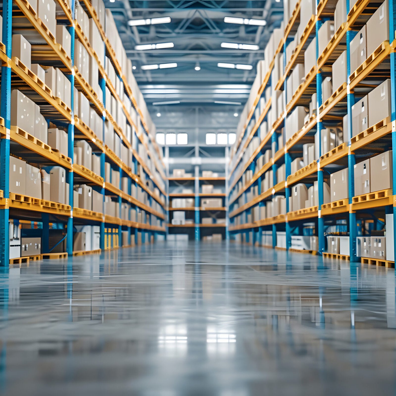 A spacious warehouse filled with neatly organized shelves of boxes, showcasing storage and logistics efficiency in a clean, industrial environment