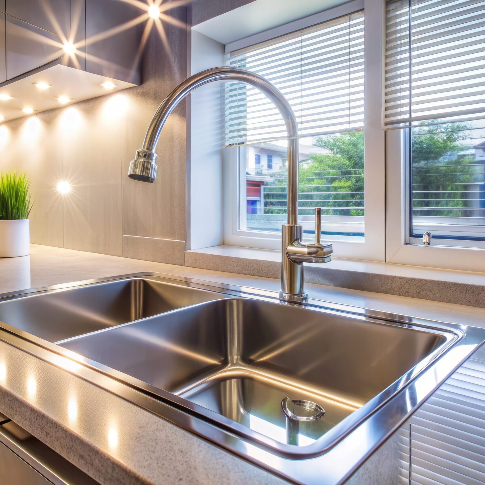 Sparkling clean modern kitchen sink with shiny stainless steel surface and sleek faucet reflects light, epitomizing cleanliness and sophistication in home decor.