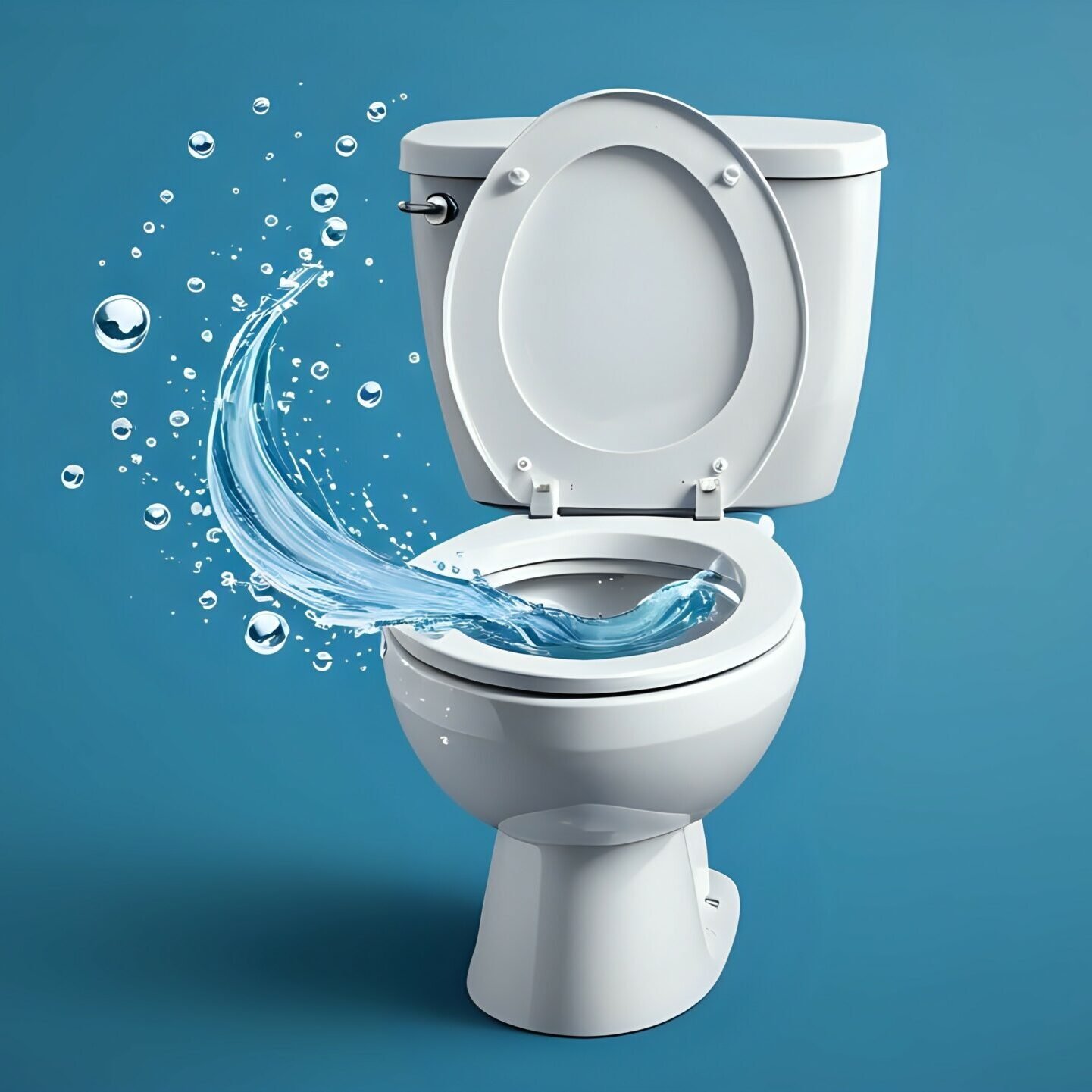 White toilet bowl with water splash and bubbles on blue background.