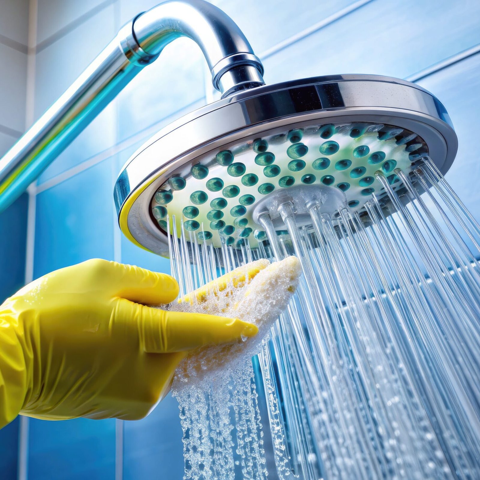 Sparkling clean shower head being scrubbed with a potent cleaning solution in a modern bathroom, emphasizing the importance of regular maintenance and hygiene.